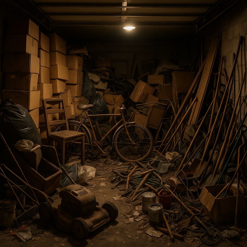 Before: severely cluttered garage packed with junk, boxes, and debris