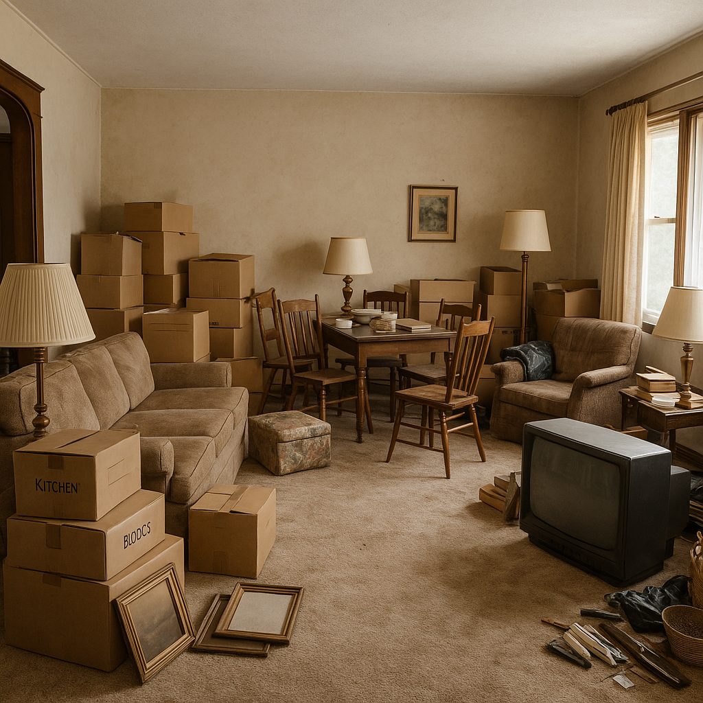 Before: living room full of old furniture and belongings during estate cleanout