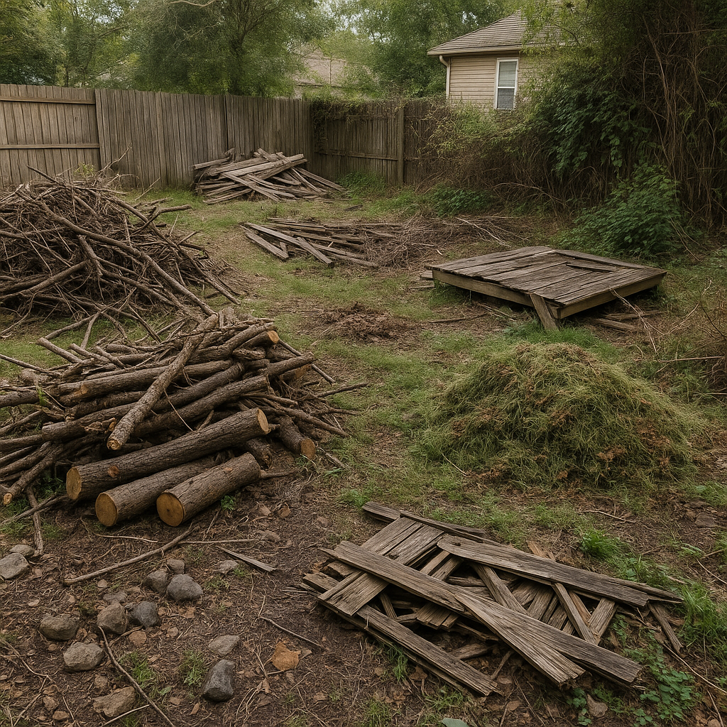 Before: backyard covered in branches, storm debris, and yard waste